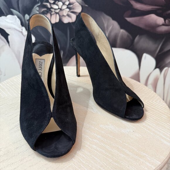 Jimmy Choo Shoes - Jimmy Choo Black Suede Open-Toe Heels